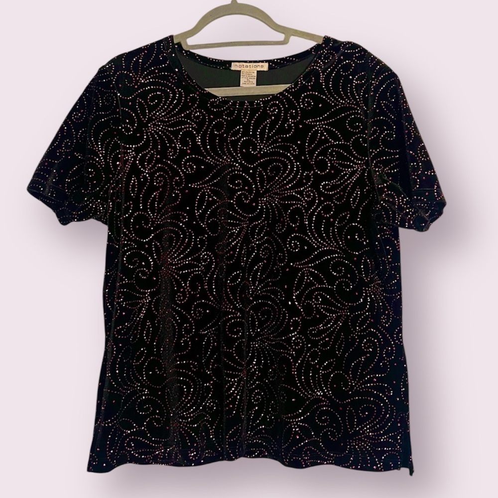 Vintage Notations Black Velvet with Pink Glitter Shirt XL